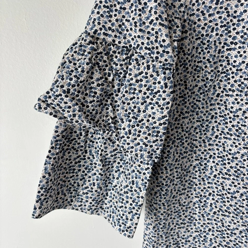 J. Crew Blue Black Micro Floral Blouse 3/4 Puff Sleeve Preppy Dainty Feminine